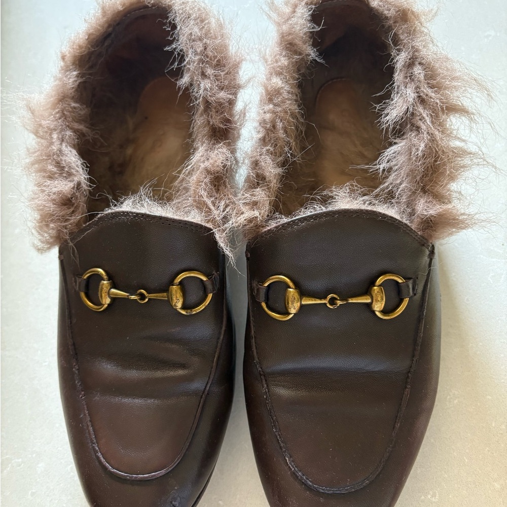 Gucci Princetown Brown Fur-Trimmed Loafers Mules with Gold Hardware